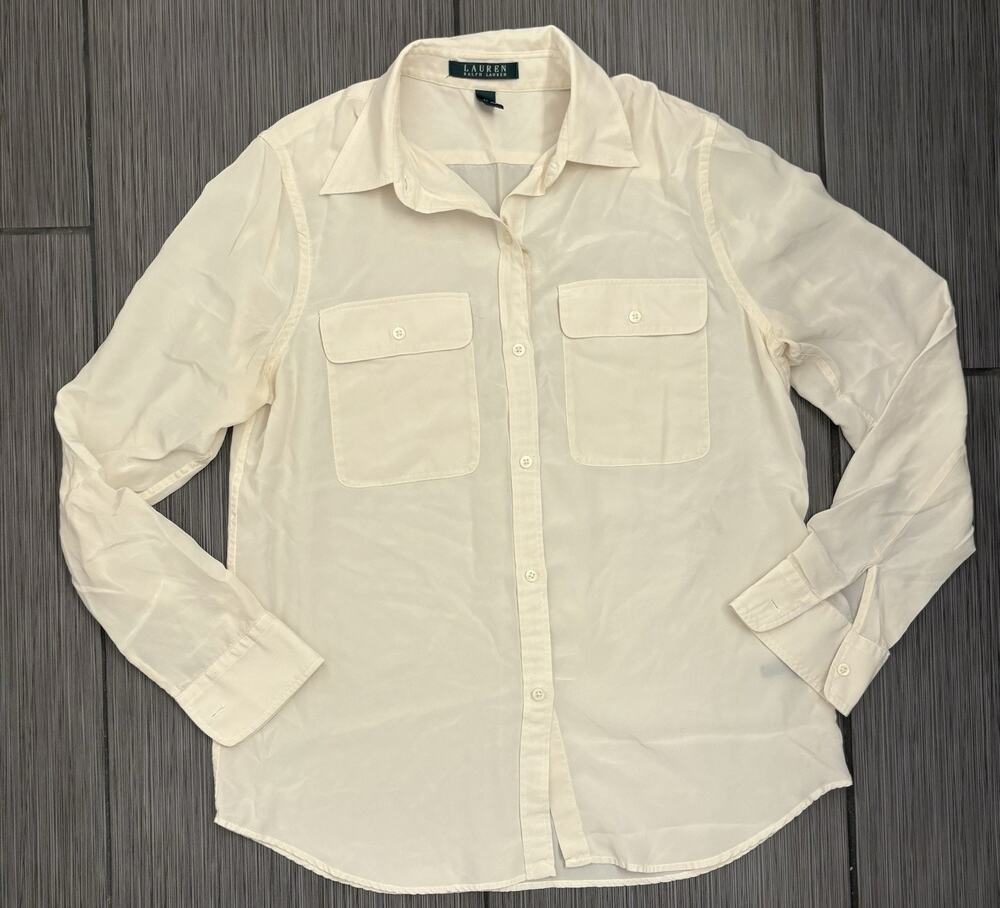 Lauren Ralph Lauren Cream Silk Button-Down Blouse Size Medium Utility Design
